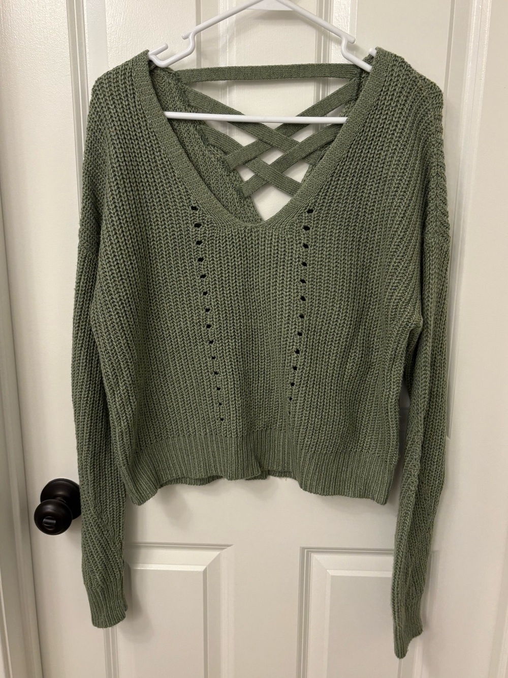Aeropostale Pointelle Crisscross-Back V-Neck Sweater S Olive Sage Green